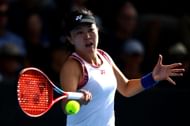 Lin Zhu hits a forehand at the 2023 ASB Women's Classic